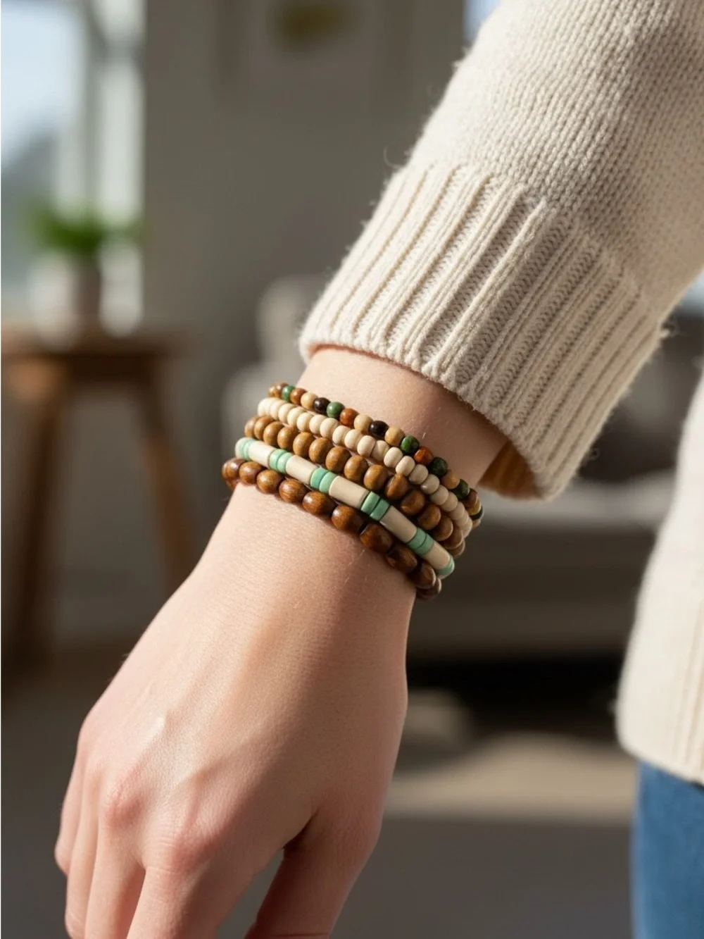 8/21 Wood Bead Stack Bracelet with Mint Green Accents - Women Jewelry